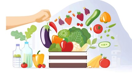 A variety of fresh and healthy vegetables and fruit are being arranged in a wooden crate. The image is colorful and has a healthy, organic feel.