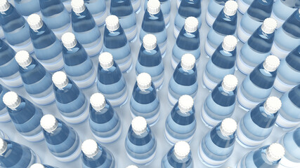 Obraz premium Top view of plastic transparent bottles filled with colorless liquid. 3d illustration