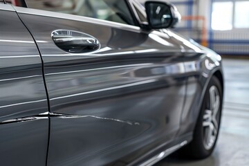 Modern gray car with scratch closeup view