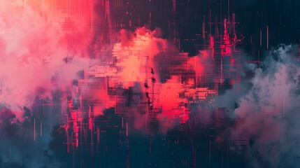Digital artwork depicting an abstract storm with intense red and blue hues, overlaid with pixelated digital noise and cloud effects.