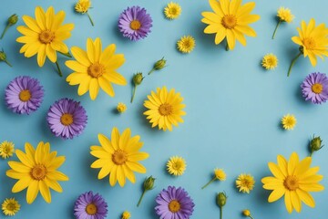 Obraz premium Flowers composition. Yellow and purple flowers on pastel blue background. Spring, easter concept. Flat lay, top view, copy space