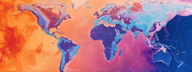 A colorful world map with the continents of Africa, Asia, and South America