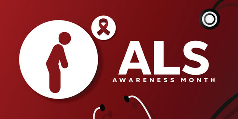 Als Awareness Month. People icon, ribbon and stethoscope. Great for cards, banners, posters, social media and more. Red background.  