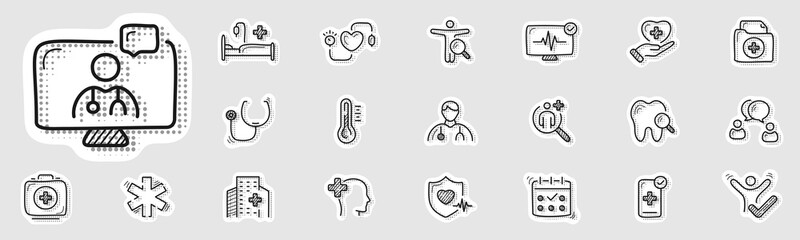 Health checkup retro pop art syle line icon set. Medical care patient diagnosis icon collection.