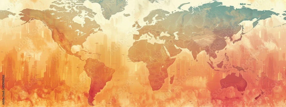 Poster a colorful world map with a red and orange background