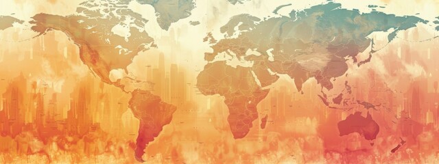 A colorful world map with a red and orange background