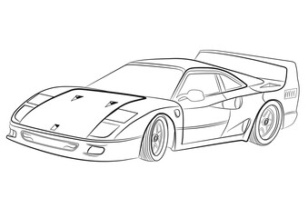 Fototapeta premium Coloring page, one car, coloring page for children or adults. Coloring page drawing. Black contour sketch illustrate Isolated on transparent background. High speed drive vehicle. Graphic element. 