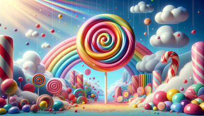 A whimsical, candy-themed landscape featuring a large, colorful lollipop swirl as the central focus. The scene includes various candy elements