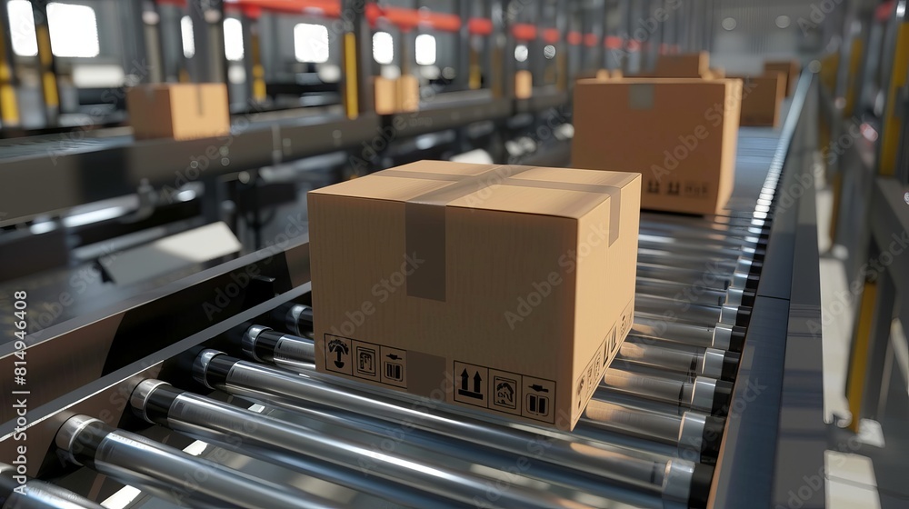 Poster multiple boxes progress on conveyor rollers in this 3d rendering.