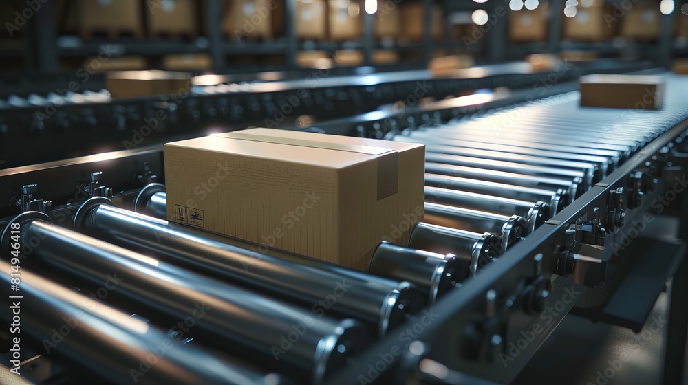 Poster multiple boxes progress on conveyor rollers in this 3d rendering.