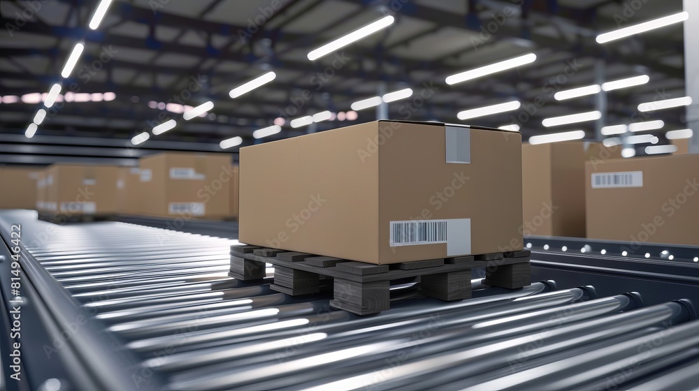 Poster multiple boxes progress on conveyor rollers in this 3d rendering.