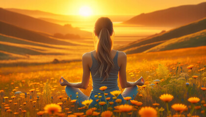 A woman sitting in a field of wildflowers at sunset. The woman seen from behind, her hair tied in a long ponytail