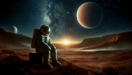 An astronaut sitting on a rocky Mars-like terrain. The astronaut, in a detailed vintage-style space