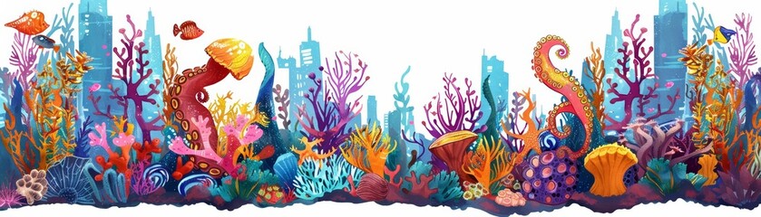 A cute watercolor of a bustling underwater market hosted by octopuses and seahorses
