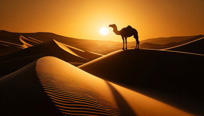 An evocative of a single camel standing on a desert dune at sunrise, the camel silhouetted