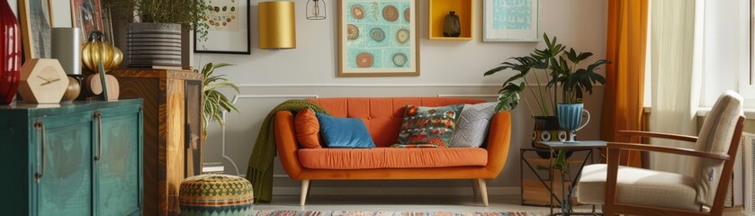 A frame mockup graces a Bohostyle living room, surrounded by an eclectic mix of furniture and vibrant textiles, sparking a creative blend of old and new