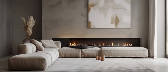 Modern minimalist living room with a sleek, wall-mounted fireplace, neutral tones, and clean lines, featuring a low-profile sofa and abstract art,