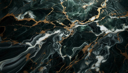An elegant dark green marble surface with intricate white and golden veins running throughout