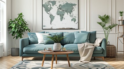 Fototapeta premium A stylish living room interior with a pastel blue sofa, a wooden coffee table with a blanket on it, a wall poster map,Generative AI illustration.
