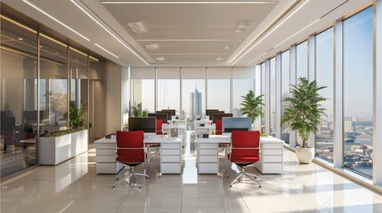 Fototapeta premium A spacious and well-lit office space with white desks, red chairs, computer screens on the tables, ceiling lights and large windows overlooking a cityscape,Generative AI illustration.