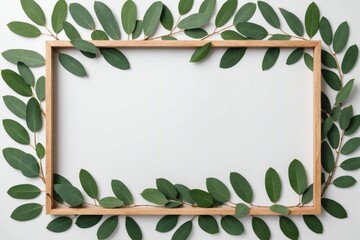 Frame made of eucalyptus branches on white background. Flat lay, top view, mock up.
