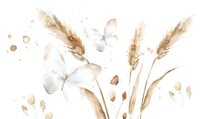 Fototapeta premium Minimalist Watercolor of Wheat Stalks and Butterflies on Neutral Background