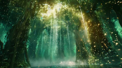Fantastical forest with towering trees and cascading waterfalls backdrop