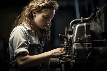 Focused young woman operates industrial machinery with skilled precision in a workshop setting