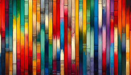 Colorful abstract painting with vertical wooden planks. Each plank has a different shade, ranging from reds, yellows, blues, greens etc