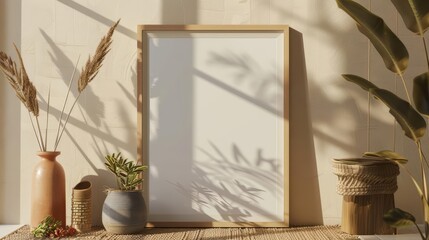 A frame mockup positioned against a backdrop of Bohemian and Scandinavian elements crafts a unique narrative, where cultural lines blur and creativity flourishes