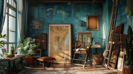 A frame mockup positioned against a backdrop of Bohemian and Scandinavian elements crafts a unique narrative, where cultural lines blur and creativity flourishes