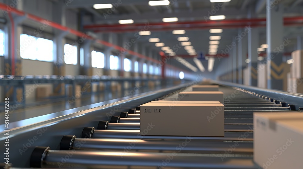 Poster multiple boxes progress on conveyor rollers in this 3d rendering.