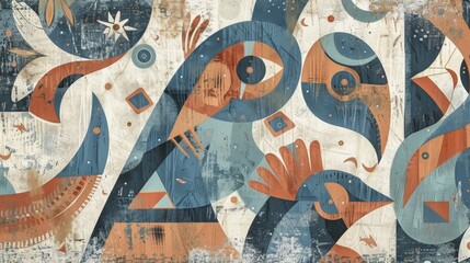 Bold stylized figures in terracotta and azure depict a Greek fresco backdrop
