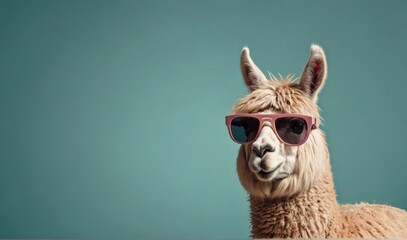 Naklejka premium Creative animal concept. Llama in sunglass shade glasses isolated on solid pastel background, commercial, editorial advertisement, surreal surrealism