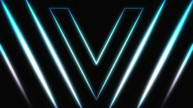 Bright neon glowing light blue futuristic letter V. Seamless looping animation on black background