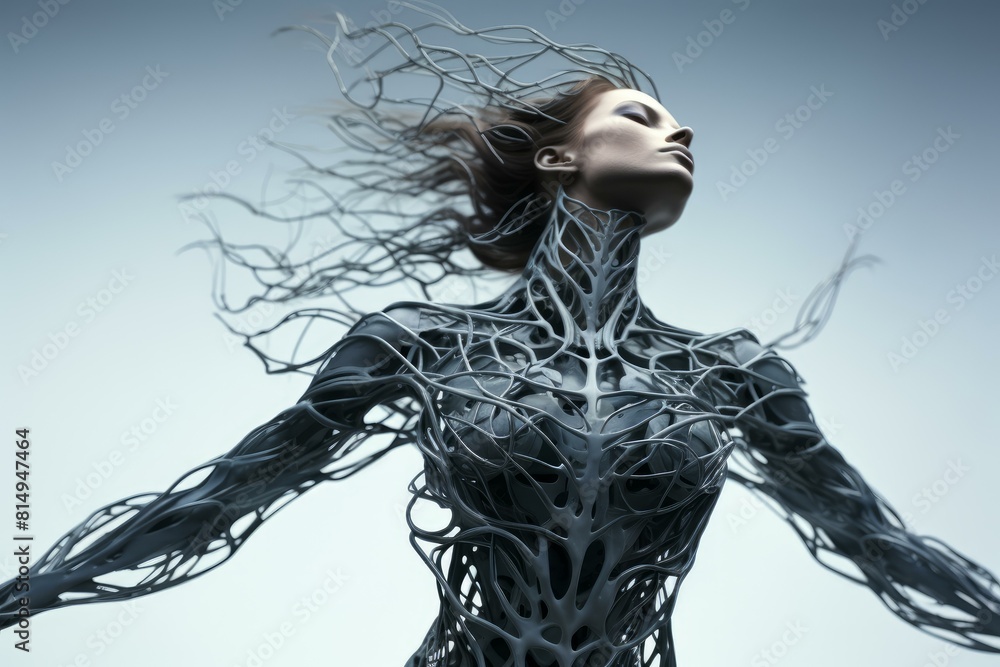 Poster digital art of a female android with intricate body patterns against a cool backdrop