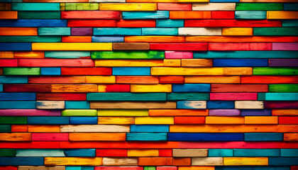 Colorful wooden plank wall with a variety of bright and rich colors. The planks are arranged vertically