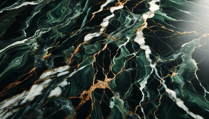 Dark green marble with complex white and gold veins