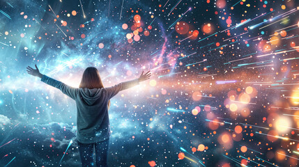 A person extends their arms towards a dazzling cosmic display, surrounded by a burst of colorful stars and light trails in a vivid depiction of space.
