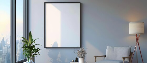 A vertical frame mockup breathes life into a modern classic interior, offering a window to otherworldly landscapes or vibrant urban scenes