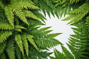 Tropical summer background, fern leaves set in the frame around blank space for a text, flat lay, view from above, stylized photo