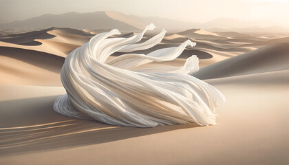 Flowing white fabrics undulating in a gentle breeze against a soft, desert landscape background