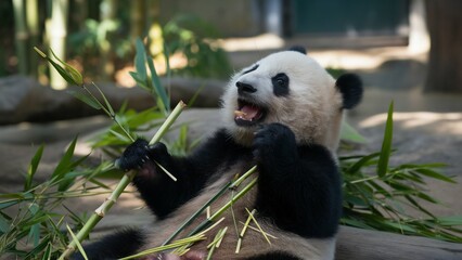 Obraz premium Cute panda is eating bamboo
