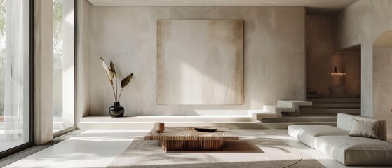 An airy living room showcases a vertical frame mockup, transforming the space into a canvas for imagination, where light and shadow play across the walls