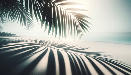 The silhouette of palm leaves casting shadows and light patterns on a white sandy beach