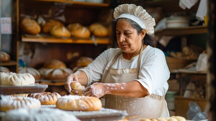 An Ecuadorian bakery woman, around 50 years old and dressed in a white apron, is diligently working in her bakery 
