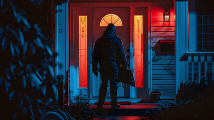 a burglar stands outside the front door of the house - Powered by Adobe