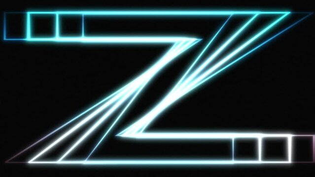 Bright neon glowing light blue futuristic letter Z. Seamless looping animation on black background