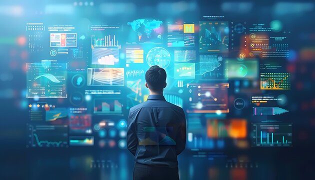 A man standing in front of a large futuristic screen with graphs and data.