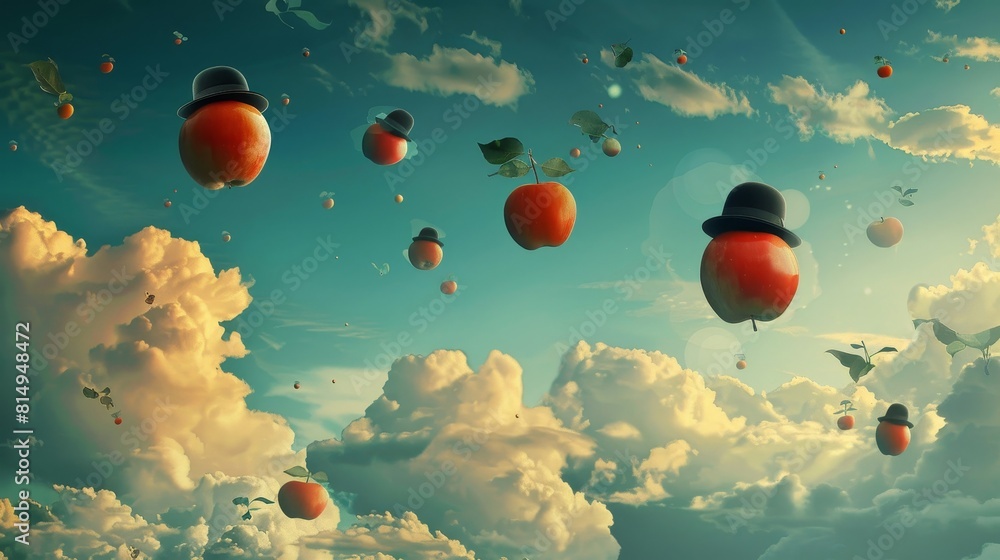 Wall mural surreal scene with floating apples and bowler hats whimsical delight backdrop